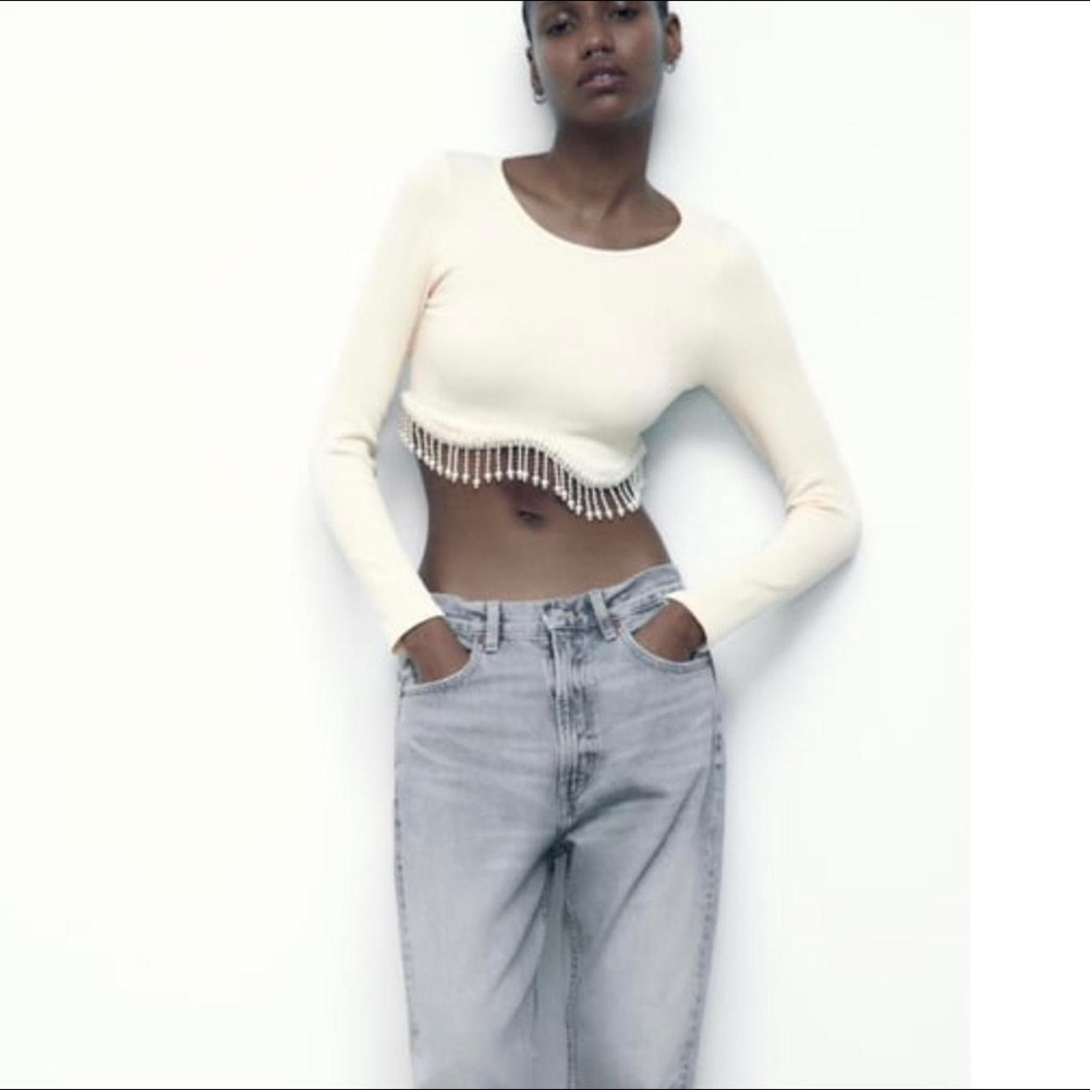 ZARA Pearl Embellished Ribbed Seamless Crop Top